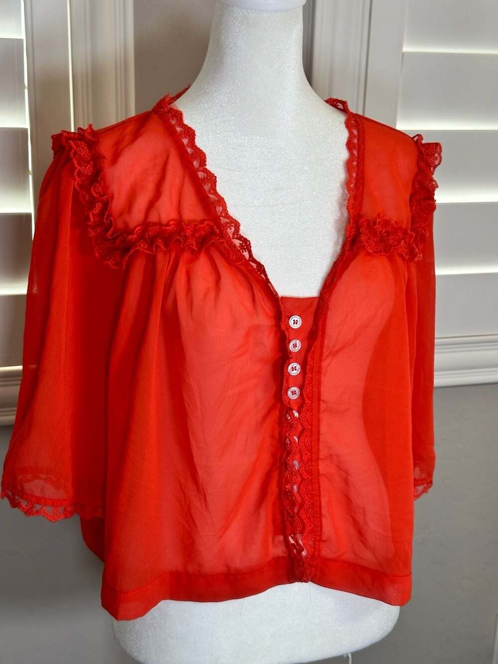 Vintage Red Chiffon Lace Trim Peignoir Shrug Jacket Nightgown Top